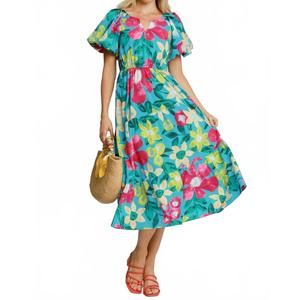 NEW TRENDSI umgee full size tiered floral print notched puff sleeve midi dress p